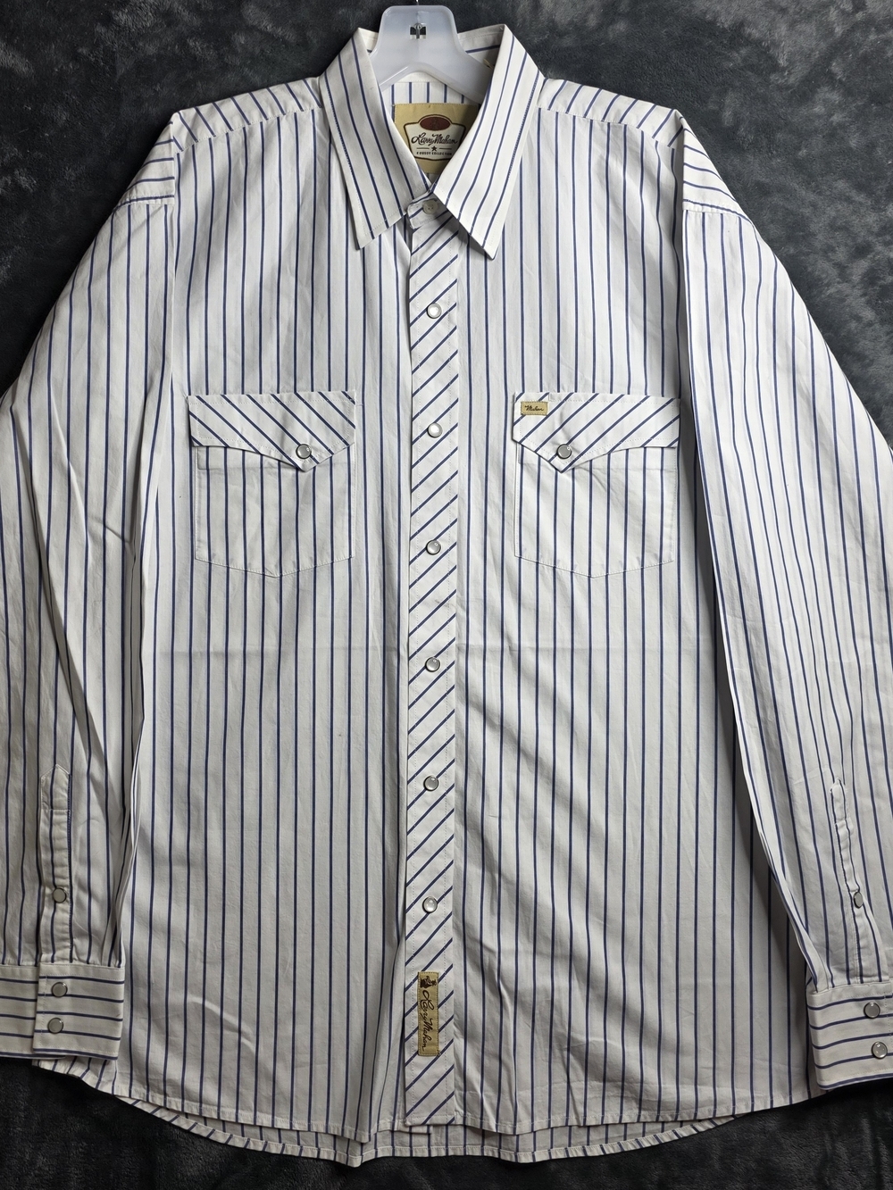 Larry Mahan White Shirt with Blue Stripes Pearl Snap Long Sleeve Shirt Sz XL